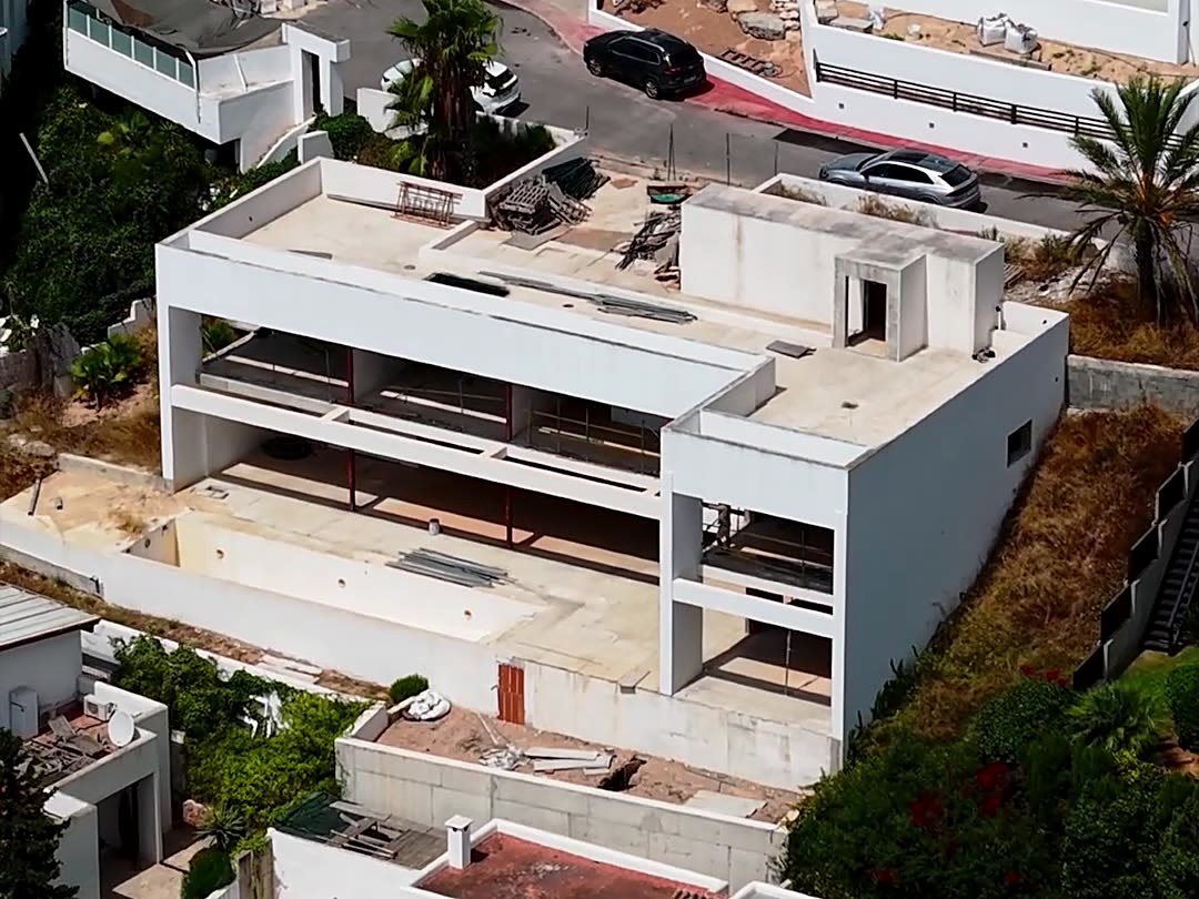 Drone still of Villa Can Furnet as it stands today: the bare concrete structure